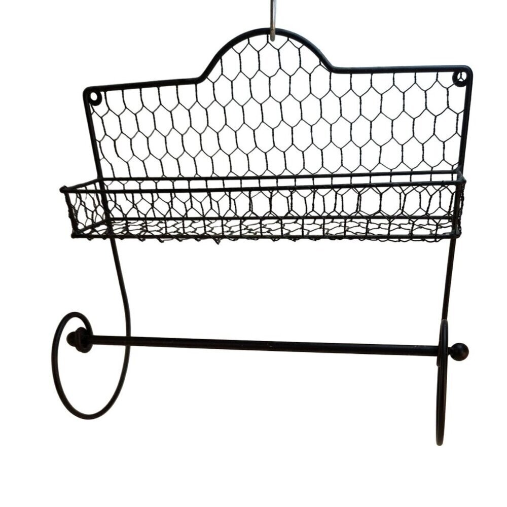 Black Metal Wire Wall-Mounted Shelf & Paper Towel Holder With Decorative Chicken - Picture 5 of 8